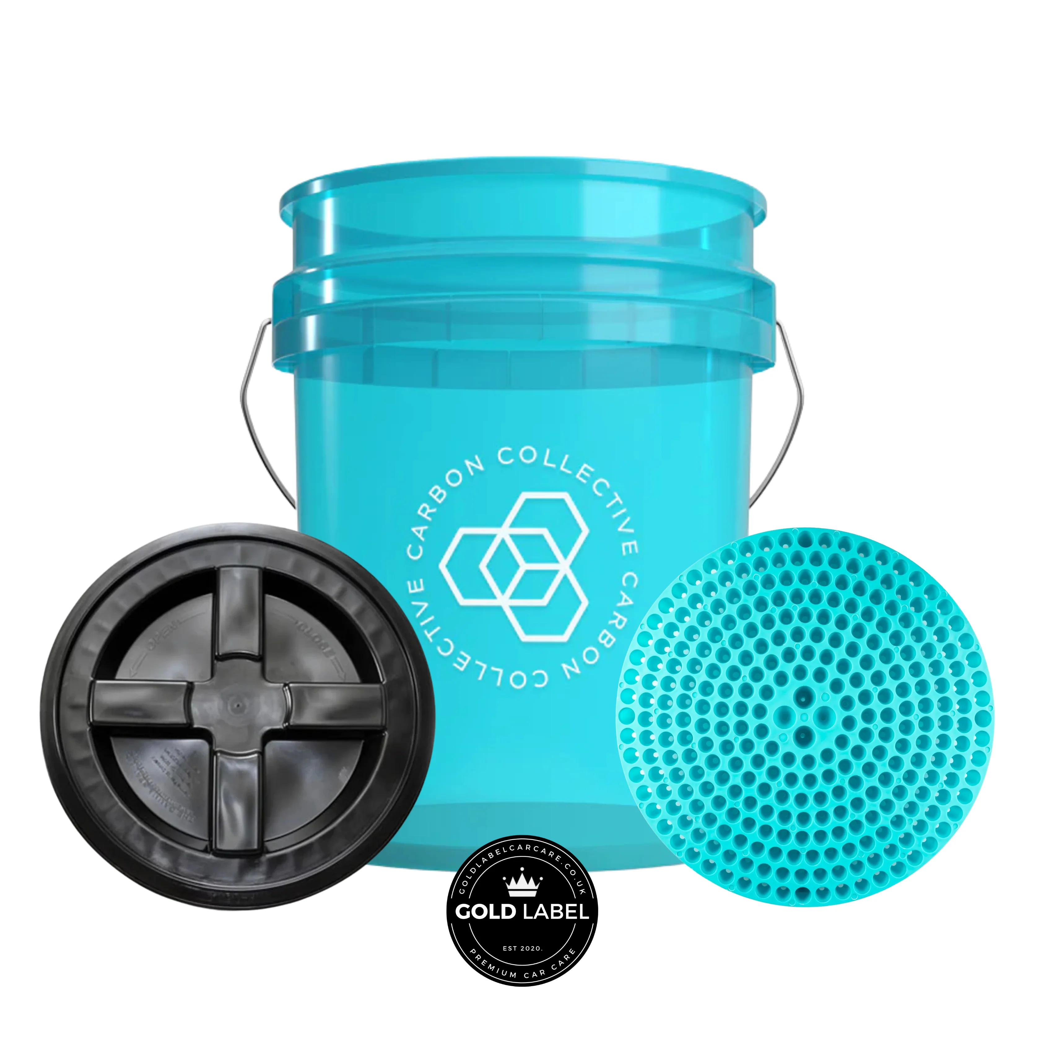Carbon Collective Transparent Teal Bucket, Vortex Grit Guard & Gamma Seal Lid (Black) 20L